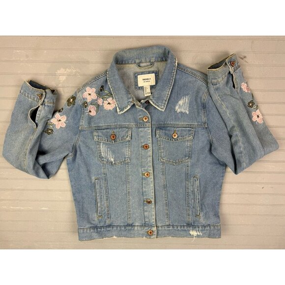 Forever 21 Size L Women Denim Jean Trucker Jacket Embroidery Distress Li… - Picture 1 of 5